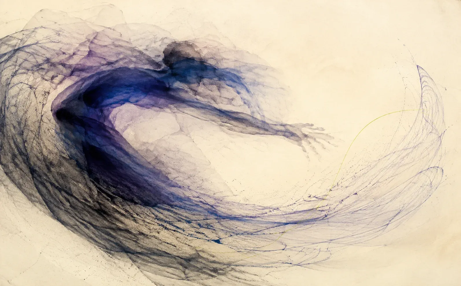A human gesture dissolves into layered violet impressions and fine motion traces on ivory paper.